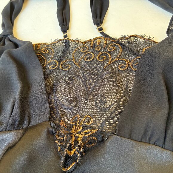 Flora Nikrooz Black Long Nightgown Gown Lace Adjust Strap Sheer Portion Tie sz L - Picture 12 of 16